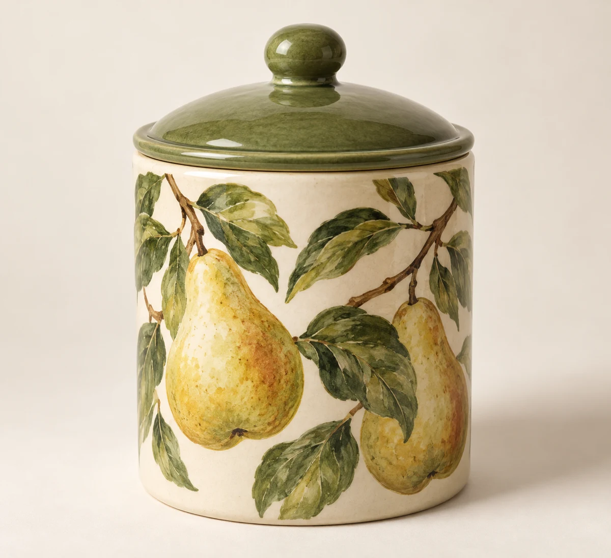 Pear Pantry: ivory, pears and leaves, moss green lid
